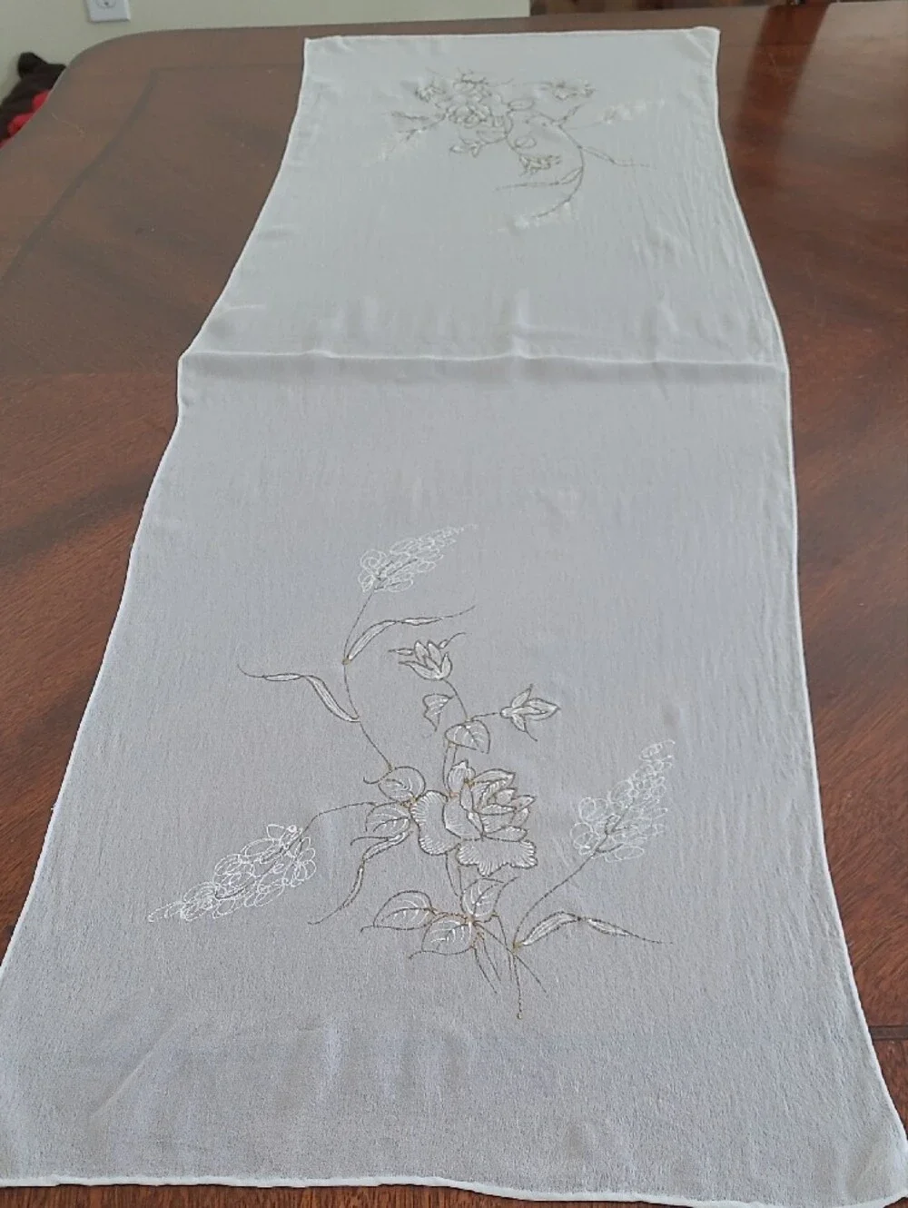 Japanese Mid Century Hand Painted Japanese Sheer Rayon Floral Scarf Table Runner